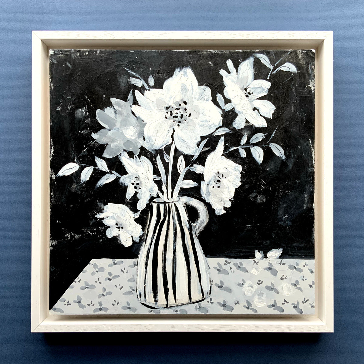 Black and White Floral Painting on Wood Panel, Monochrome