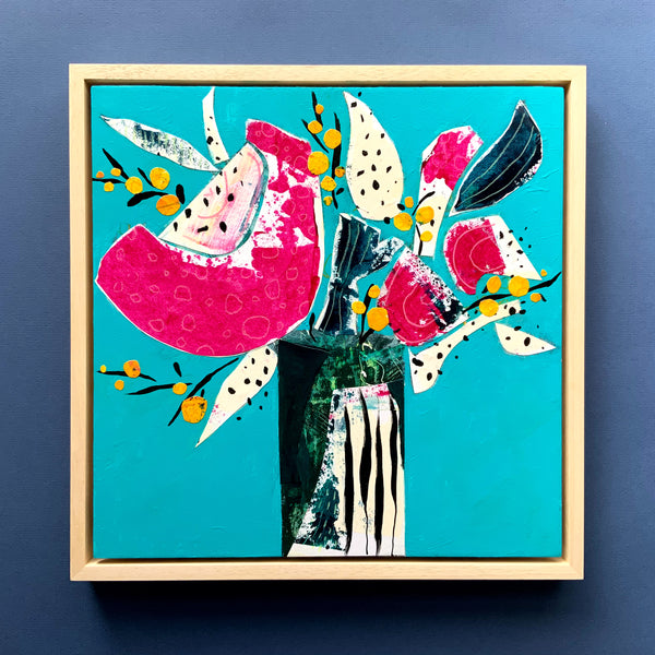 Semi Abstracted Floral Collage on Wood Panel, Watermelon