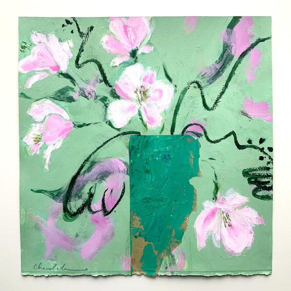 Mixed Media Floral, Green, 12 inch Square