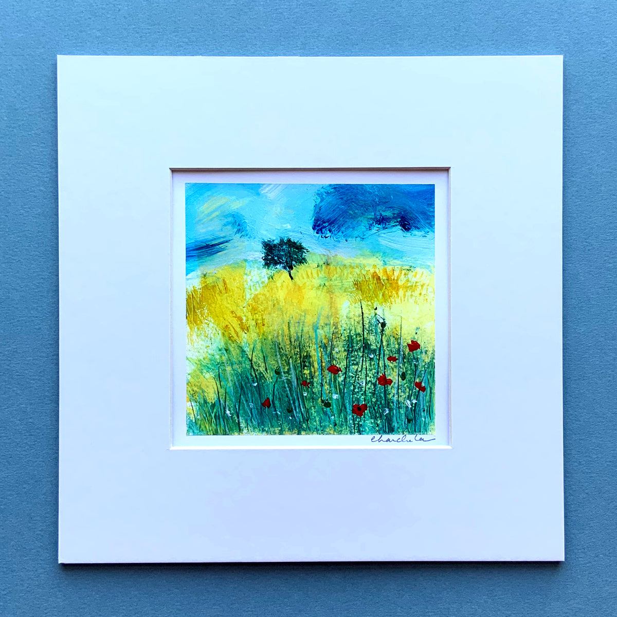 Semi Abstracted Landscape Painting 3, 8 inch square in mount