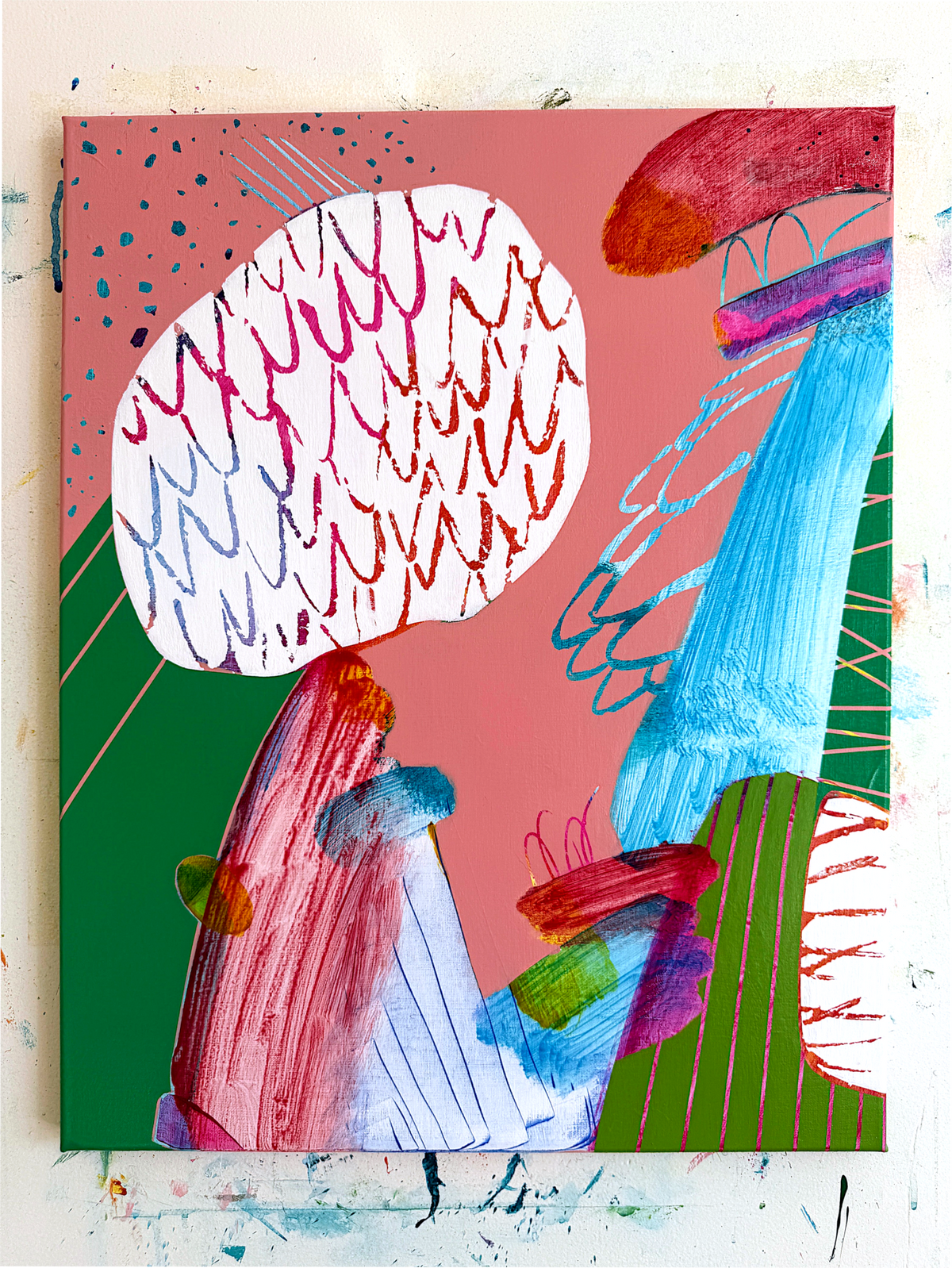 A Song for Spring, Pink and Green Abstract Painting on Canvas
