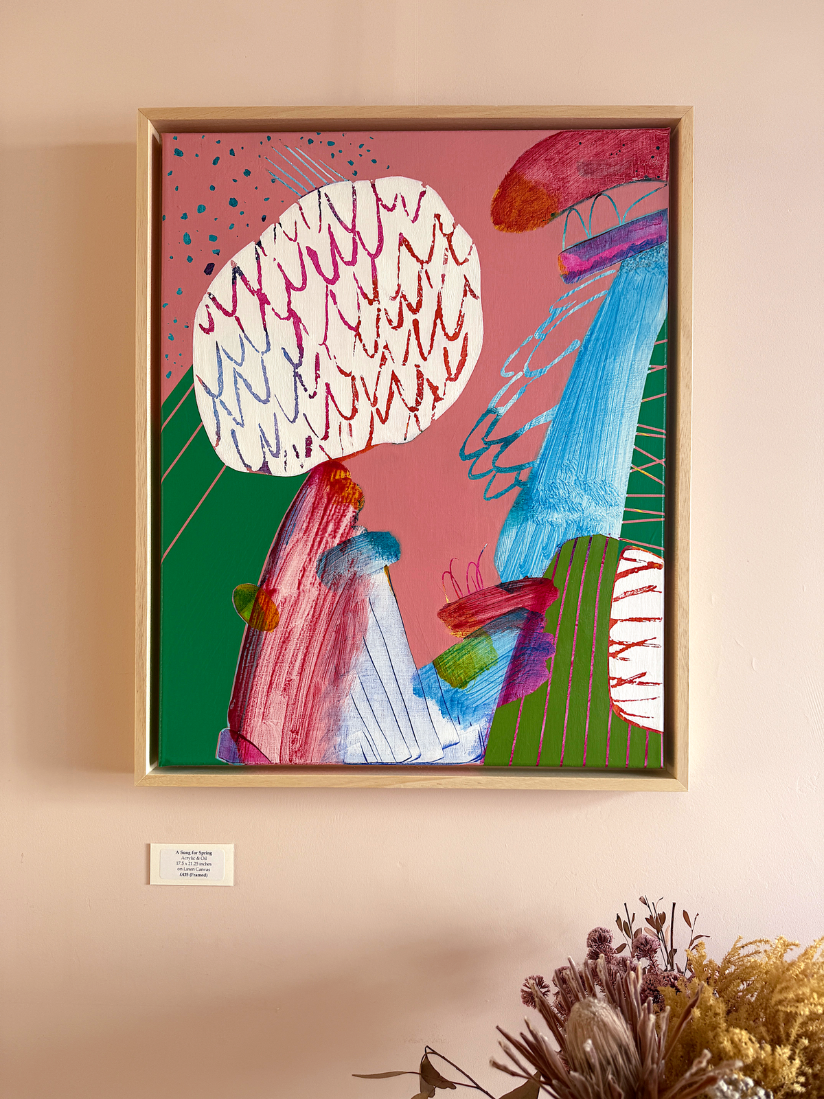 A Song for Spring, Pink and Green Abstract Painting on Canvas