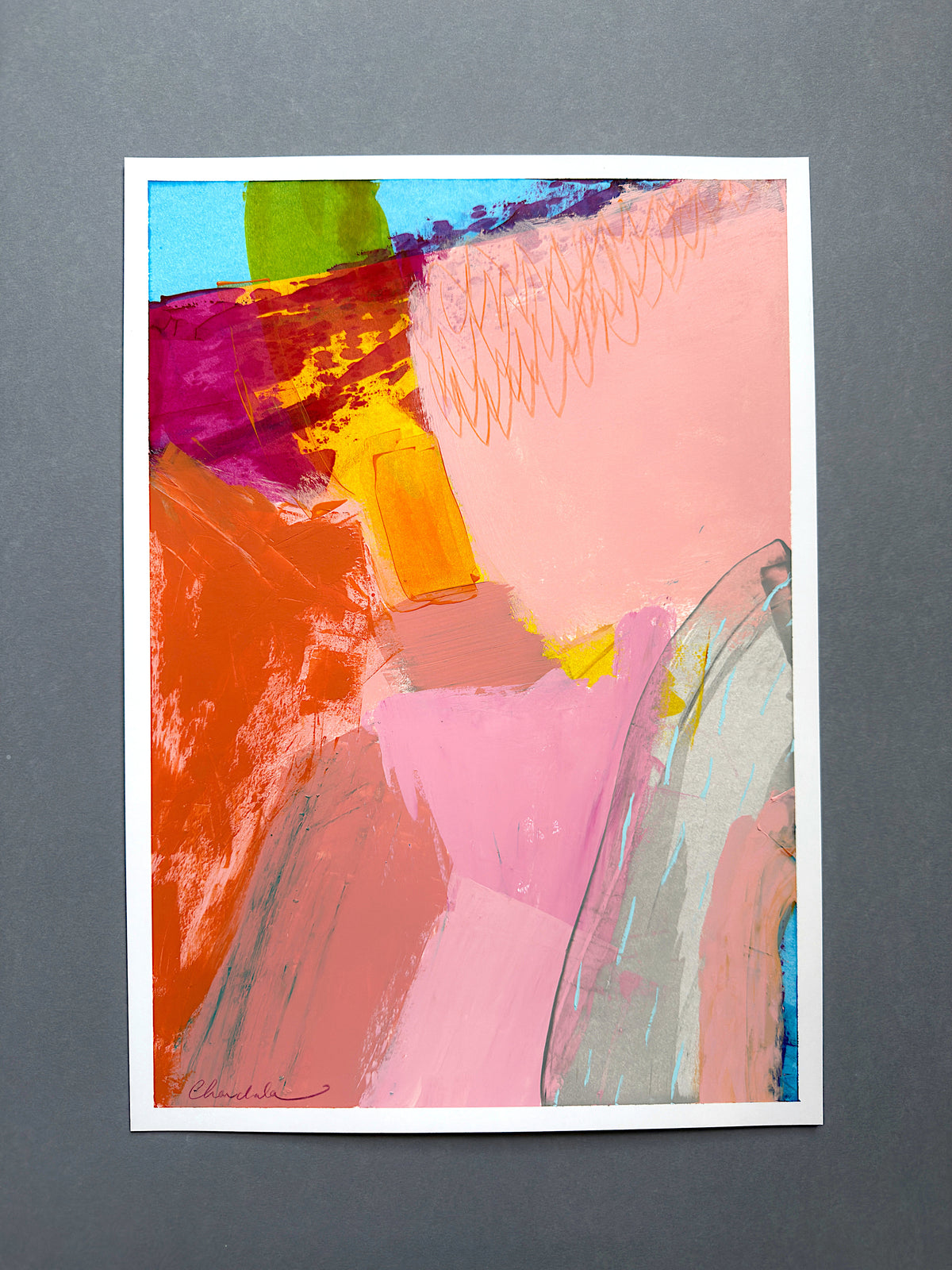 Pink, Blue, Orange Colourfield Study, Original Painting on Paper