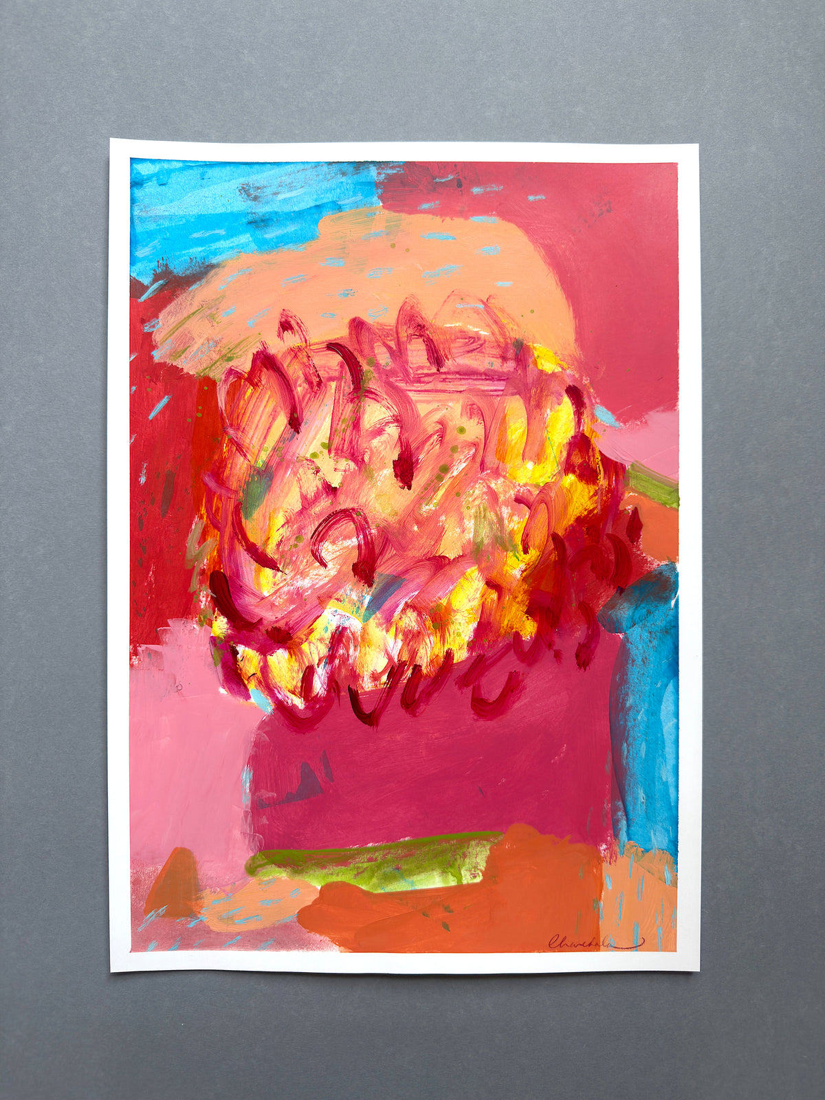 Summer Heat Inspired Painting, Red, Peach, Blue Colourfield Study on Paper