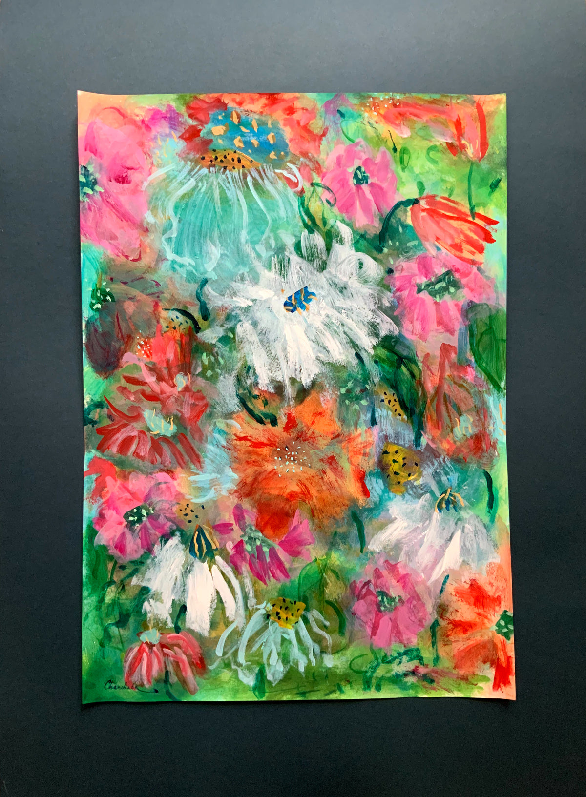Loose Whimsical Semi Abstract Floral Painting on Paper, A2