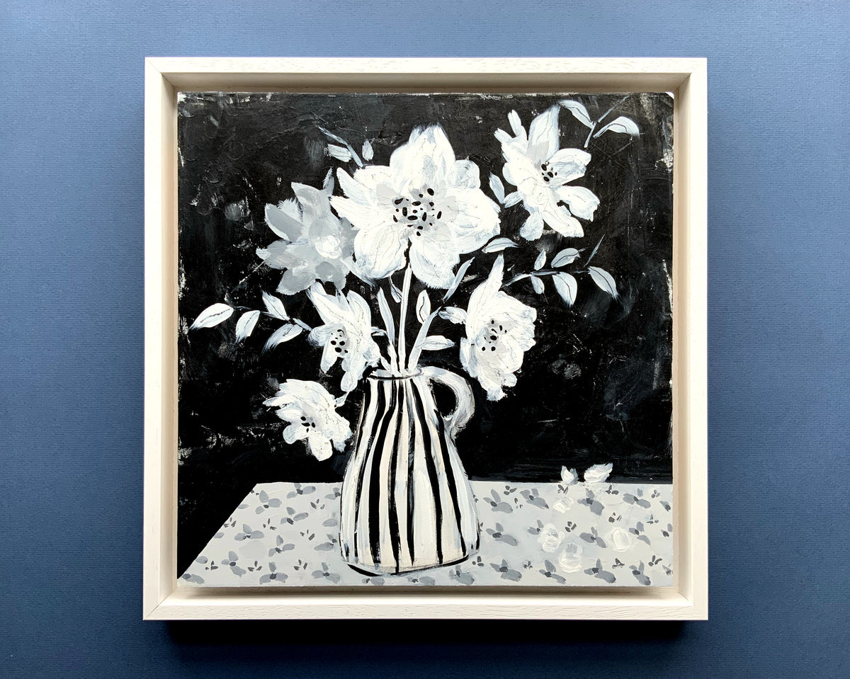 Black and White Floral Painting on Wood Panel, Monochrome