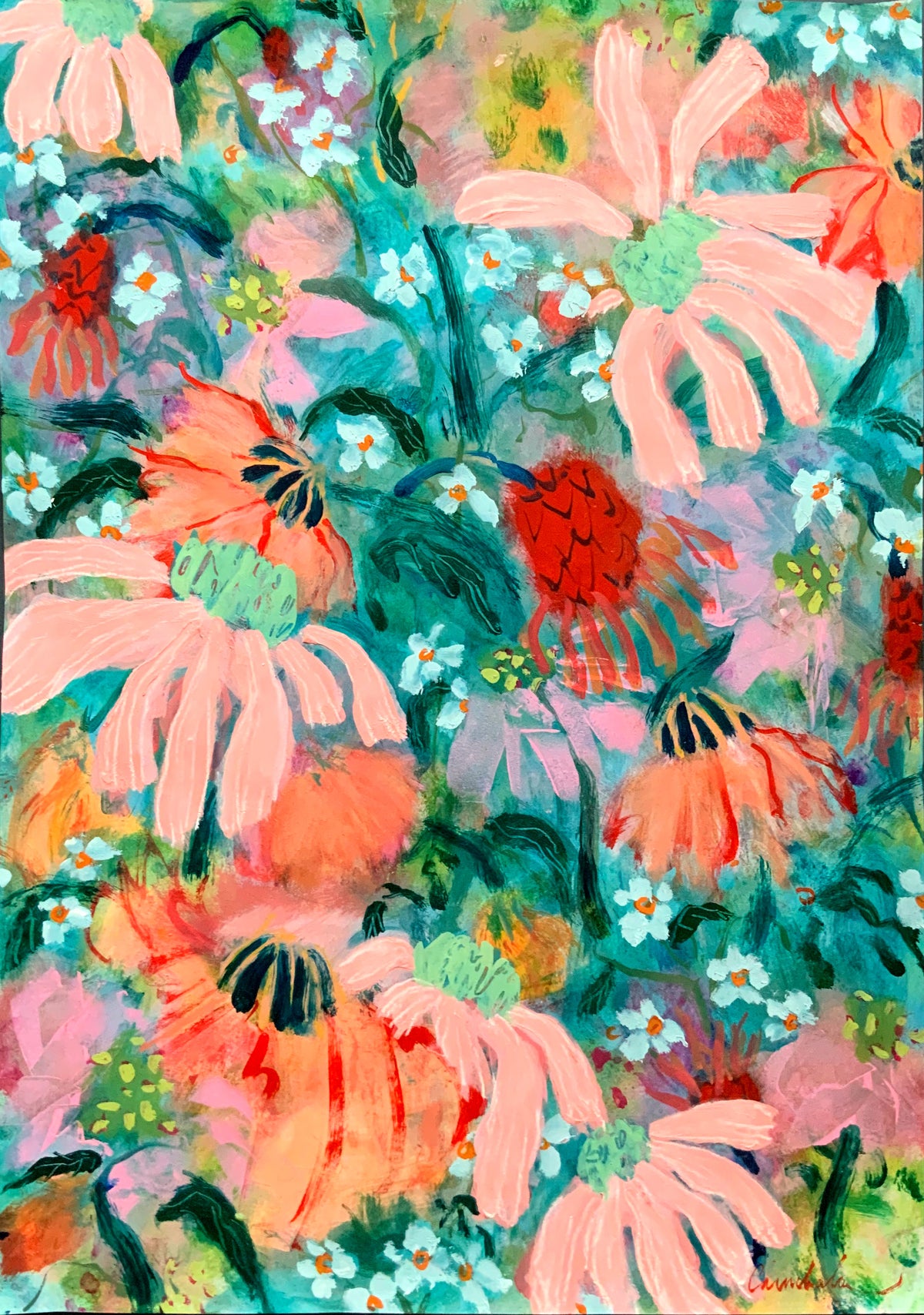Playful Loose Semi Abstract Floral Painting on Paper, A2
