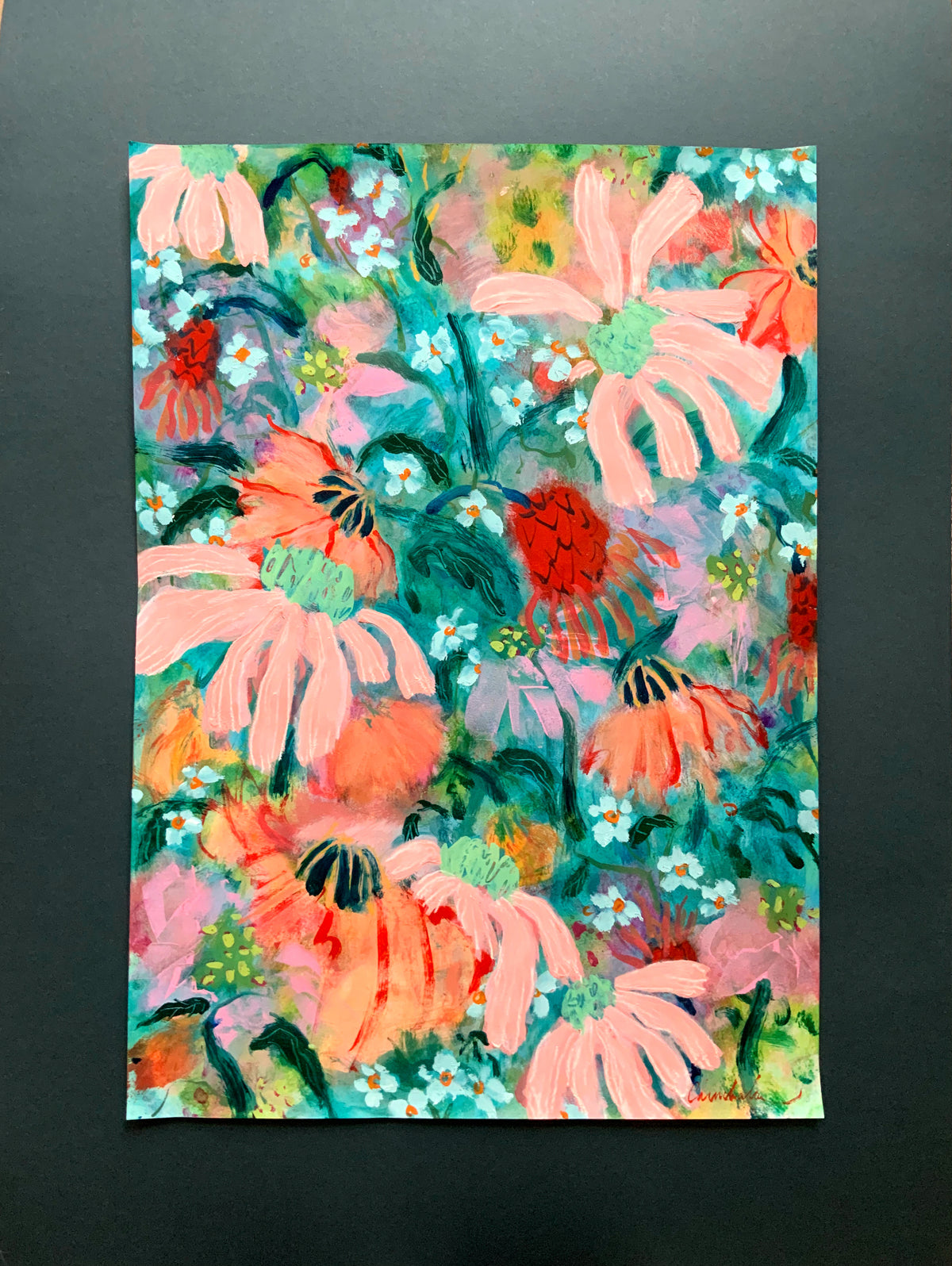 Playful Loose Semi Abstract Floral Painting on Paper, A2