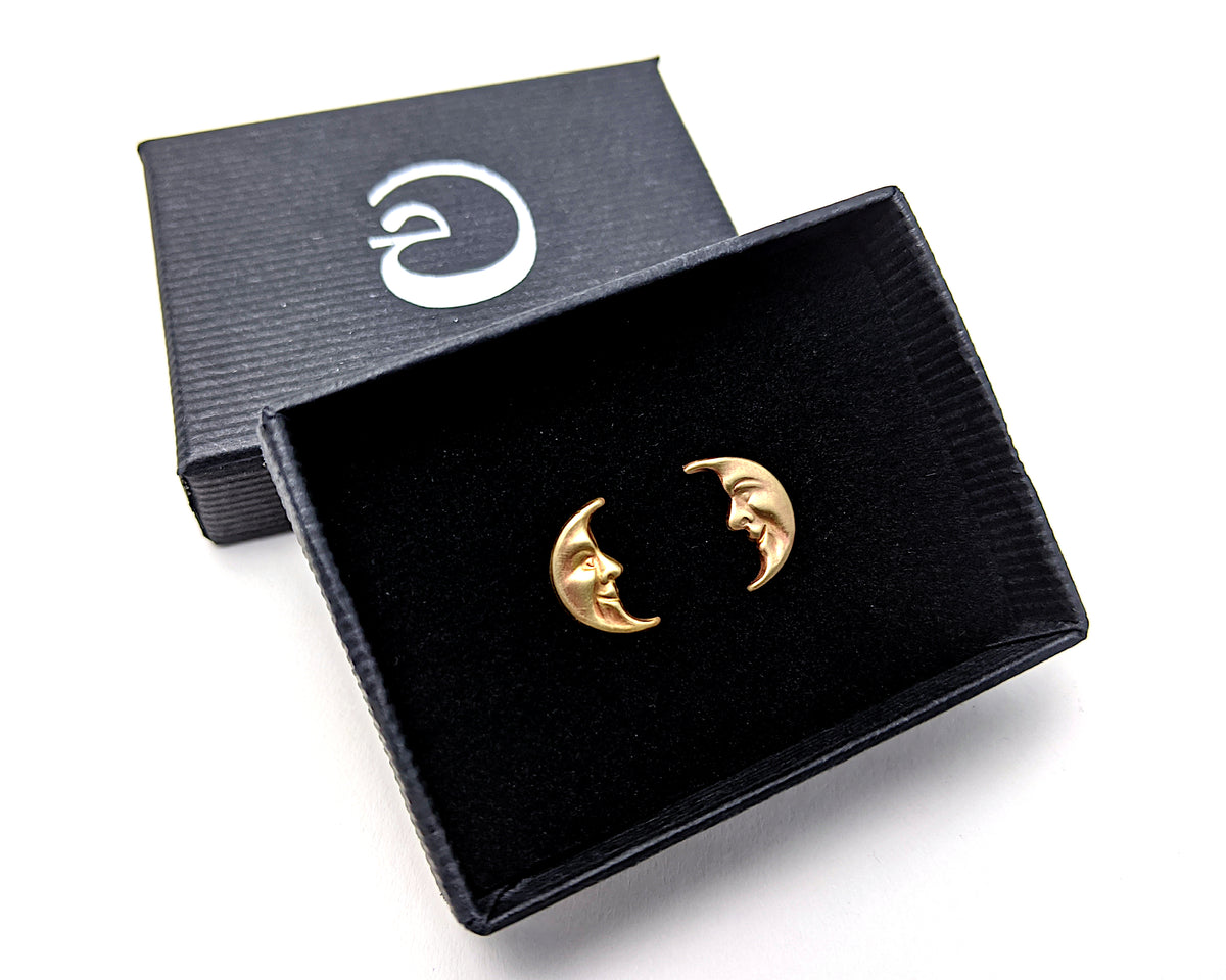 Moon Face Stud Earrings, Crescent Moon Ear Studs