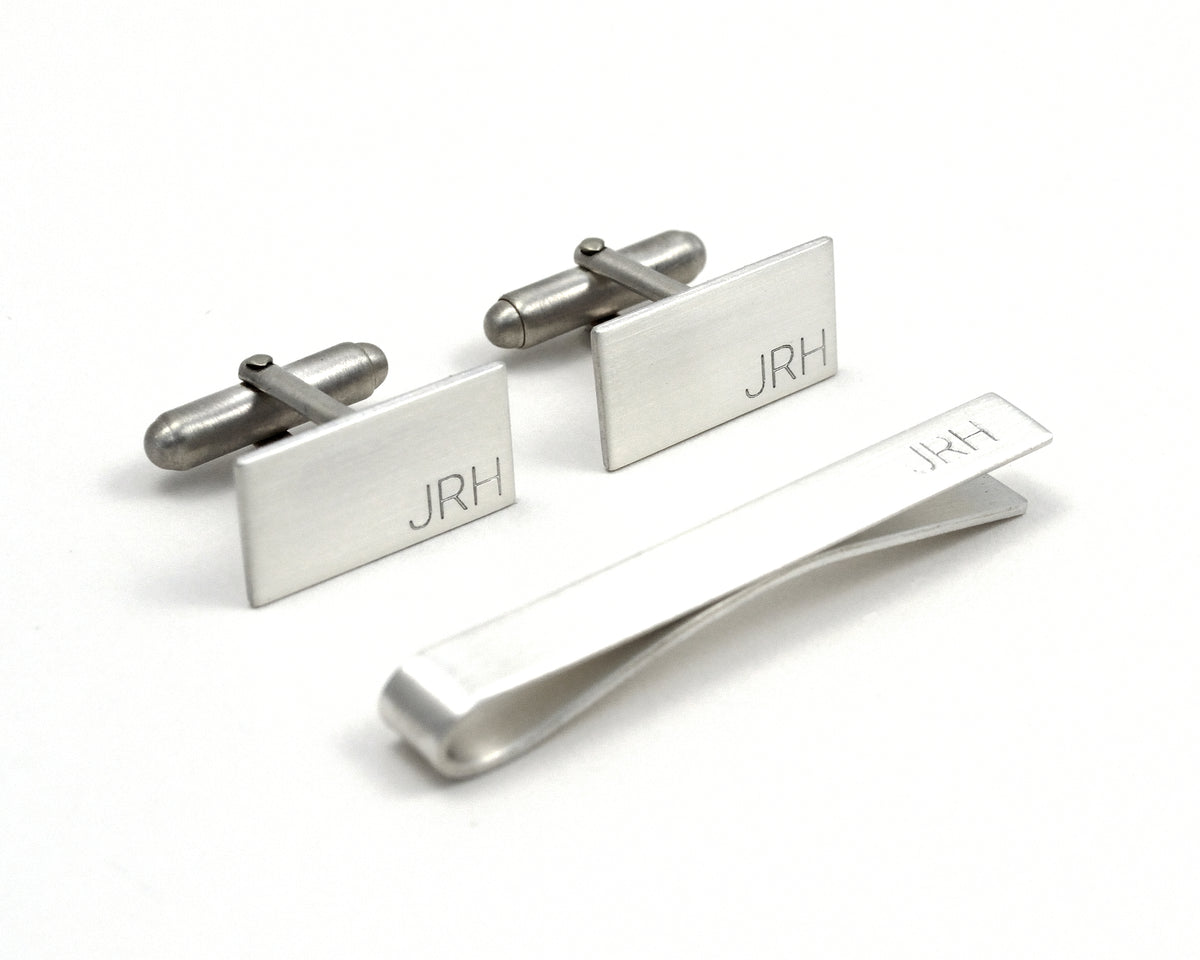 Silver Engraved Cuff Links and Tie Clip Set, Secret Message