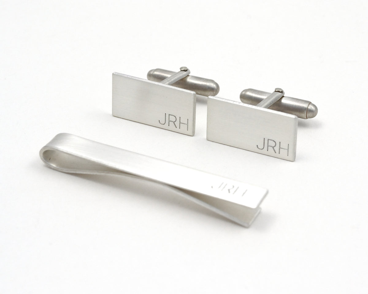 Silver Engraved Cuff Links and Tie Clip Set, Secret Message