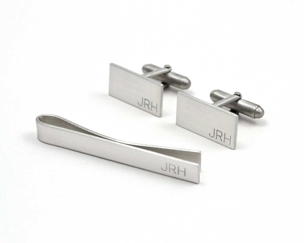 Silver Engraved Cuff Links and Tie Clip Set, Secret Message