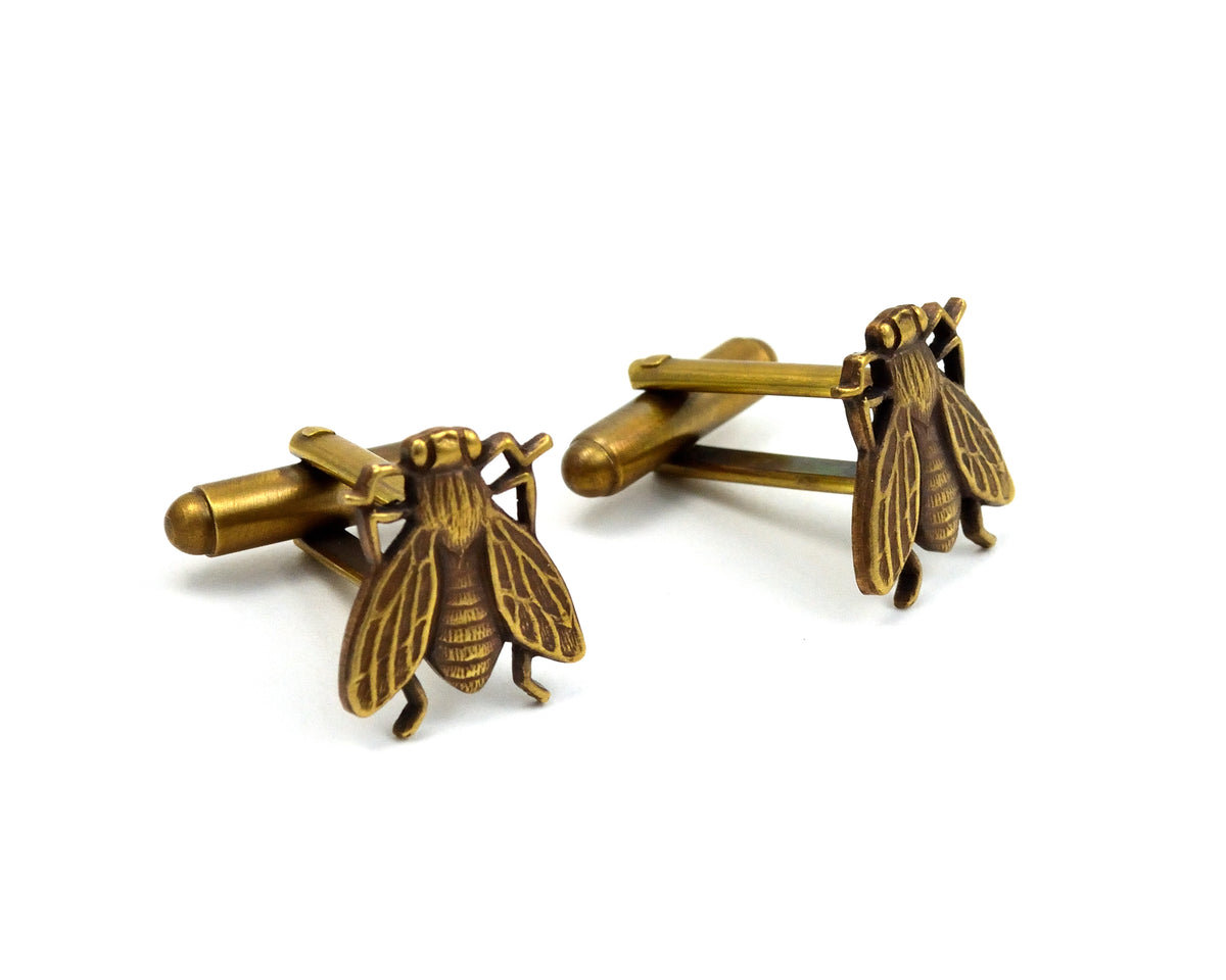 Insect Cuff Links, Antique Gold Fly Cuff Links