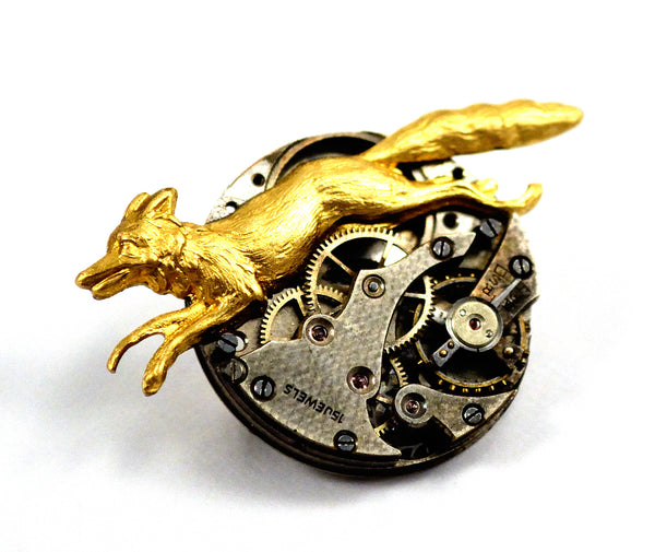 Steampunk Fox Brooch Pin, Watch Movement