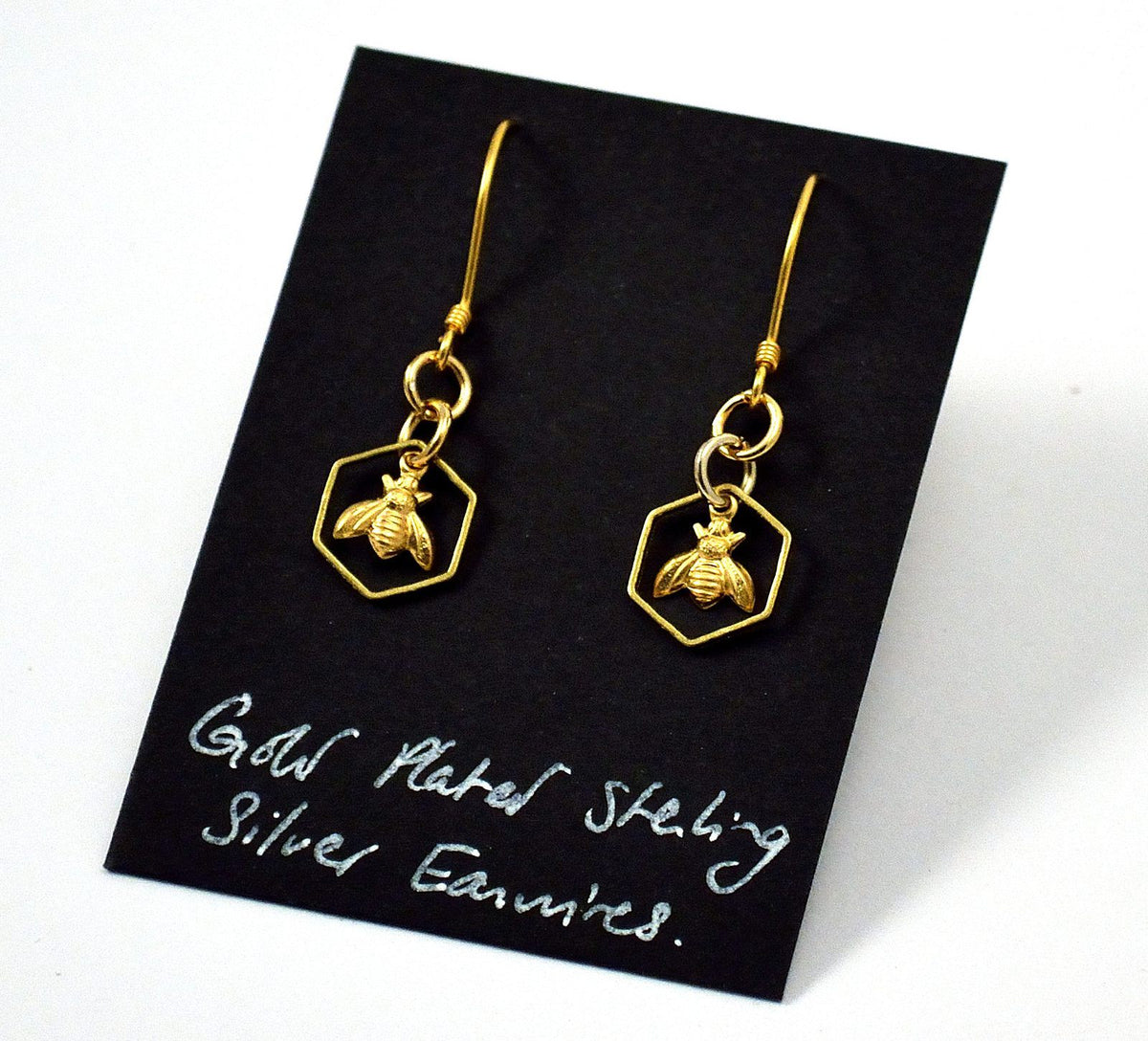 Honeycomb Bee Earrings, Gold Plated Silver Earwires
