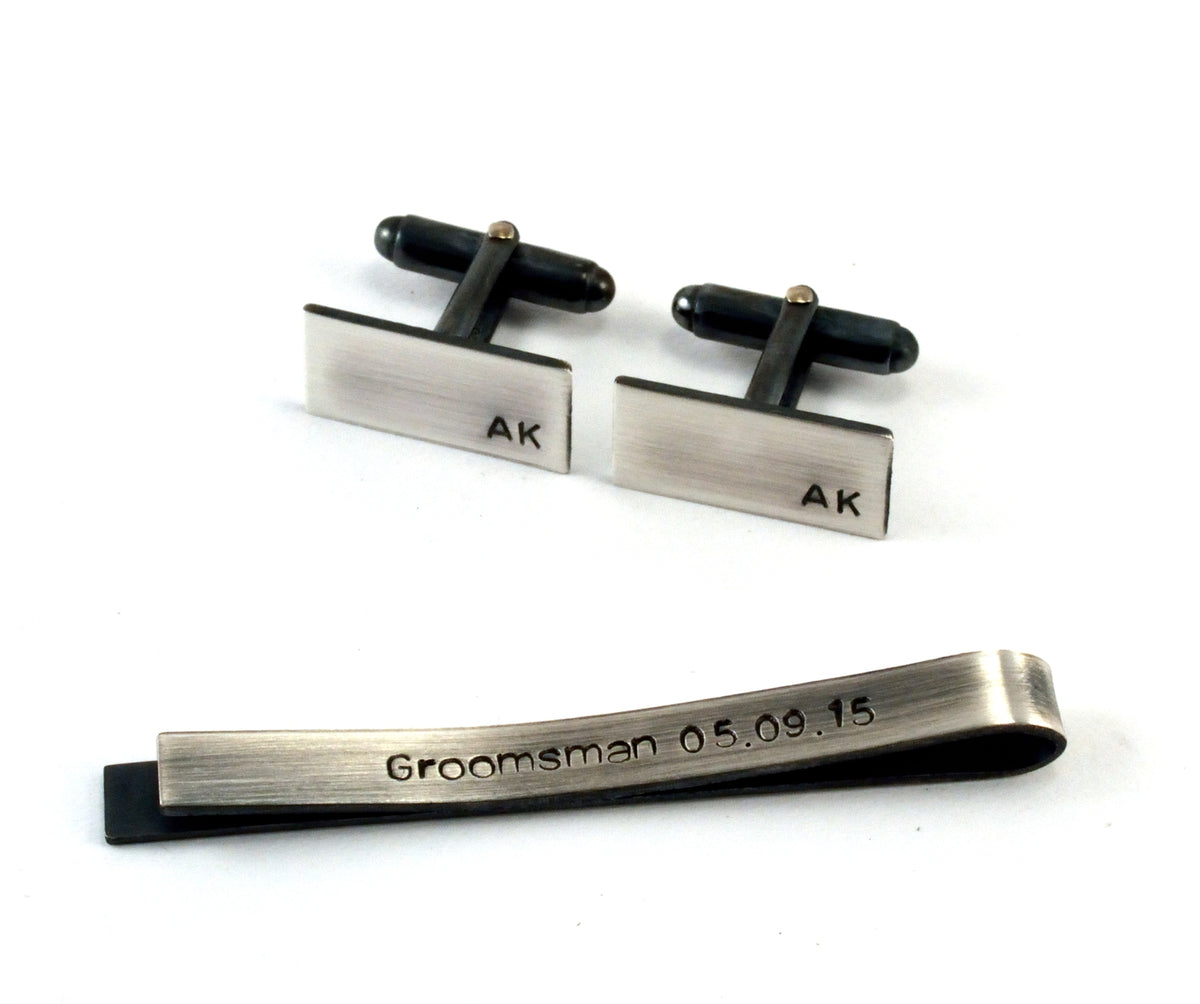 Monogrammed Mens Gift Set, Sterling Silver Cufflinks and Tie Bar