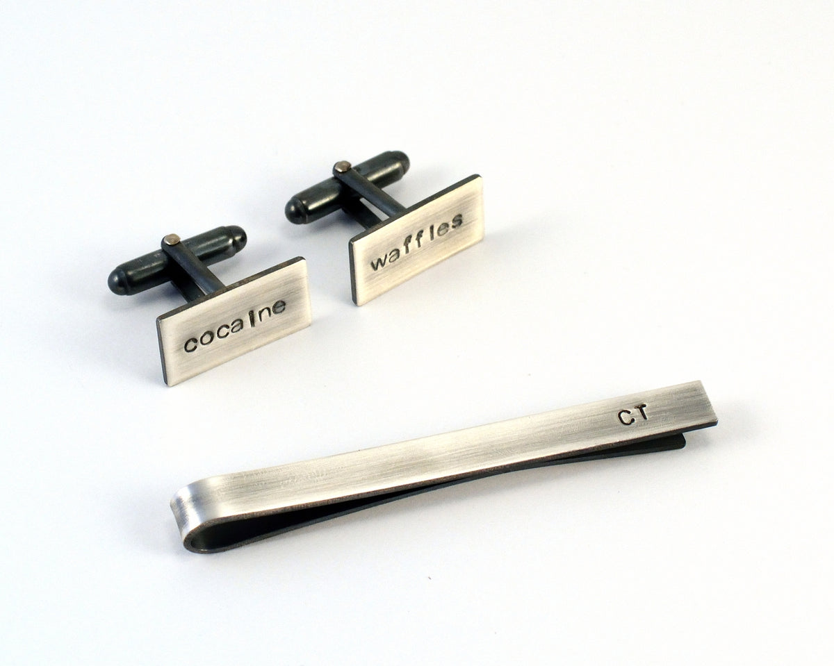 Monogrammed Mens Gift Set, Sterling Silver Cufflinks and Tie Bar