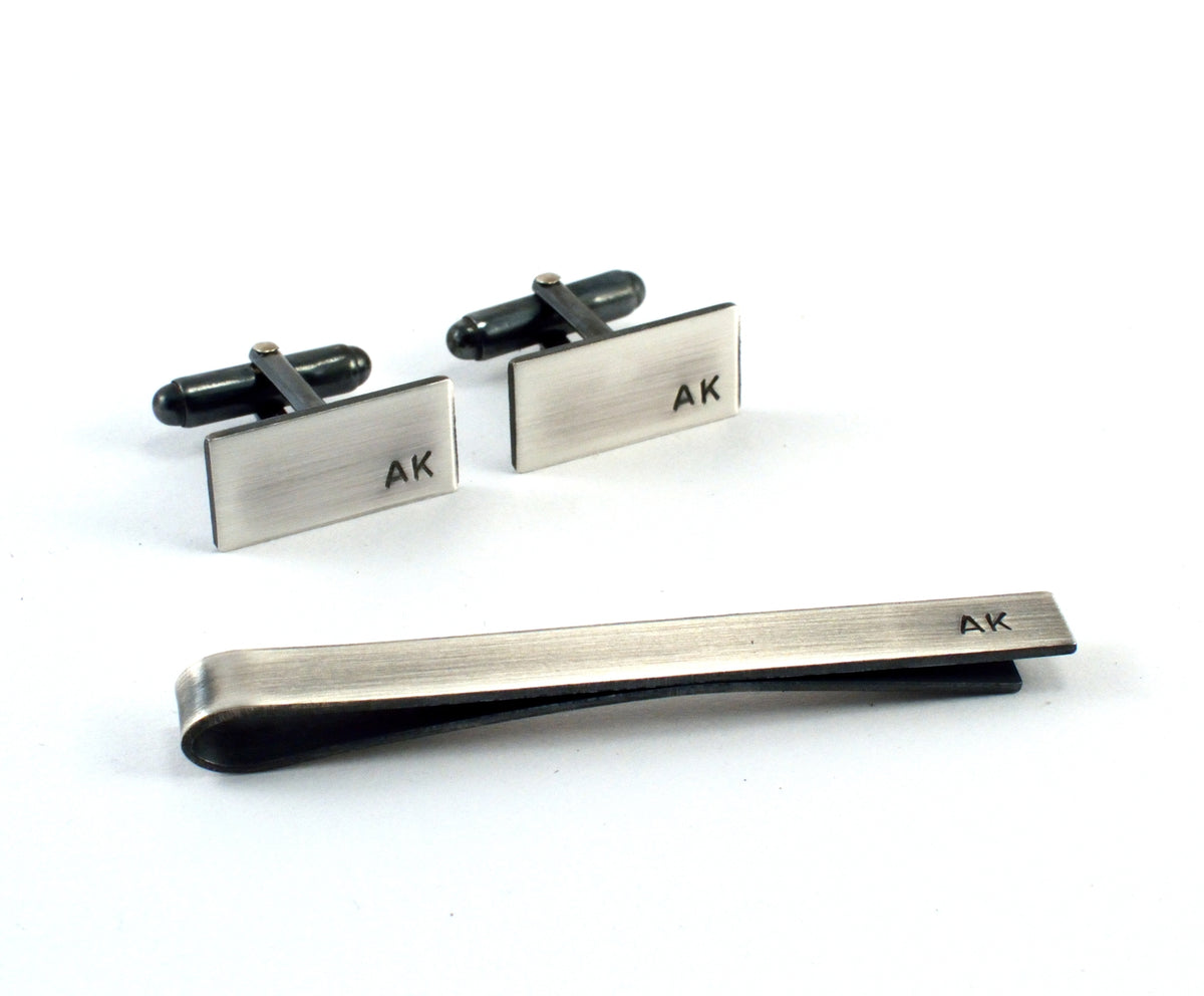 Monogrammed Mens Gift Set, Sterling Silver Cufflinks and Tie Bar