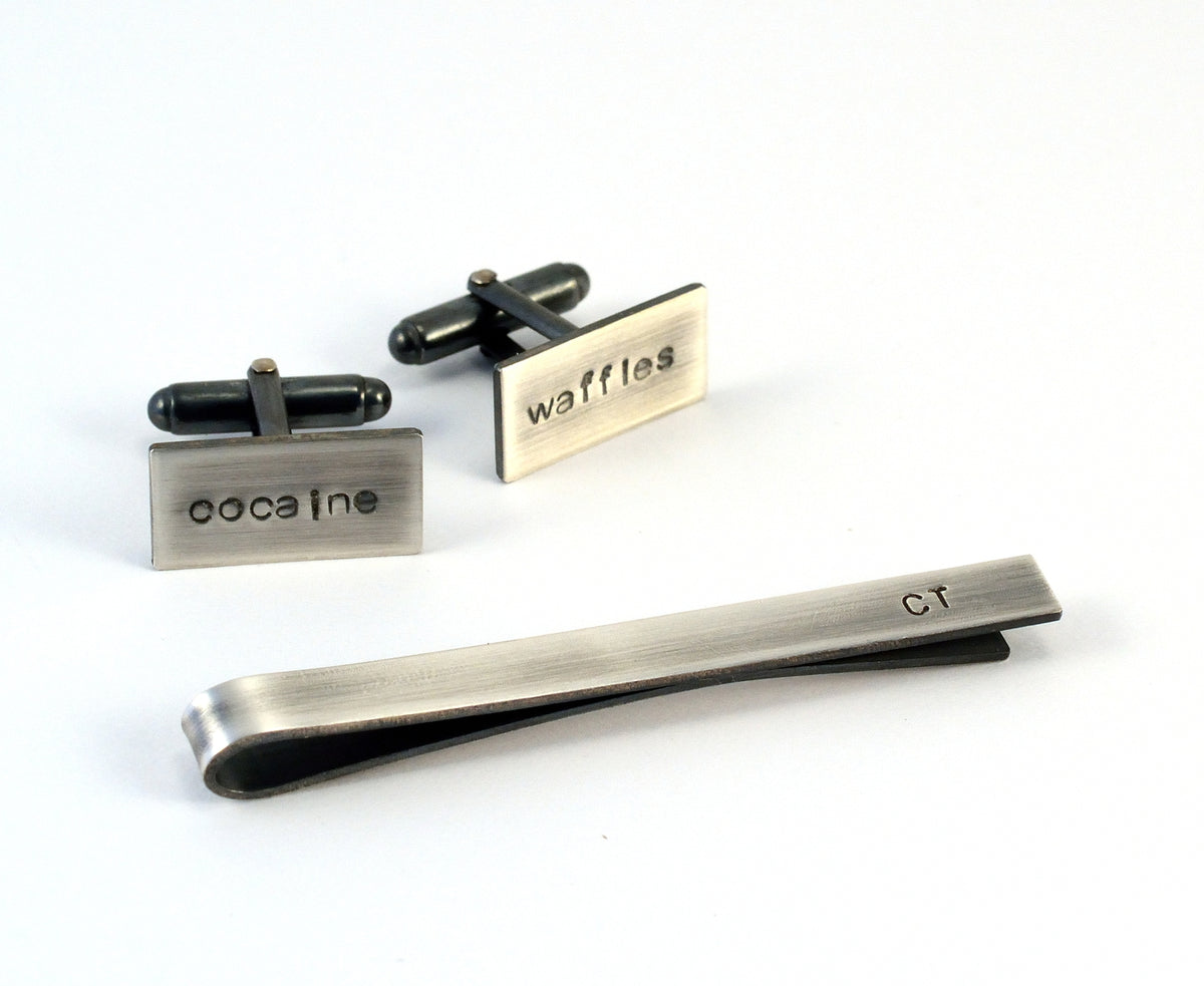 Monogrammed Mens Gift Set, Sterling Silver Cufflinks and Tie Bar