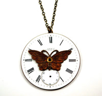 Steampunk Butterfly Necklace with Enamel Pocket Watch Dial