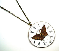 Steampunk Butterfly Necklace with Enamel Pocket Watch Dial