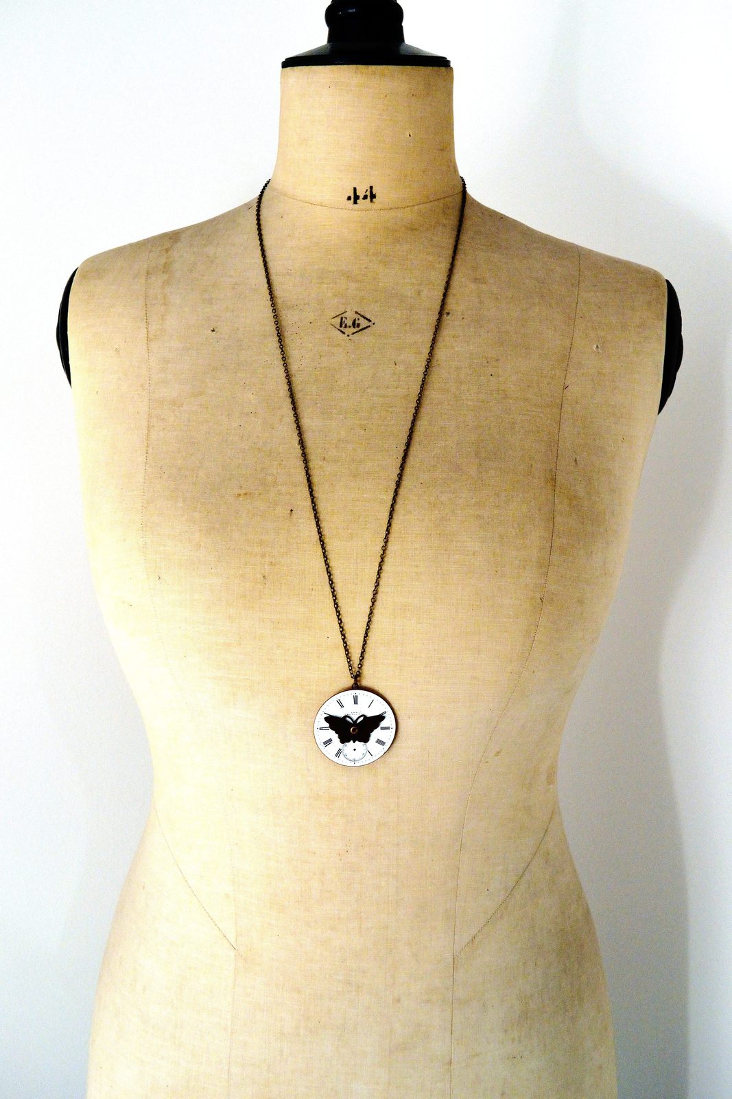 Steampunk Butterfly Necklace with Enamel Pocket Watch Dial