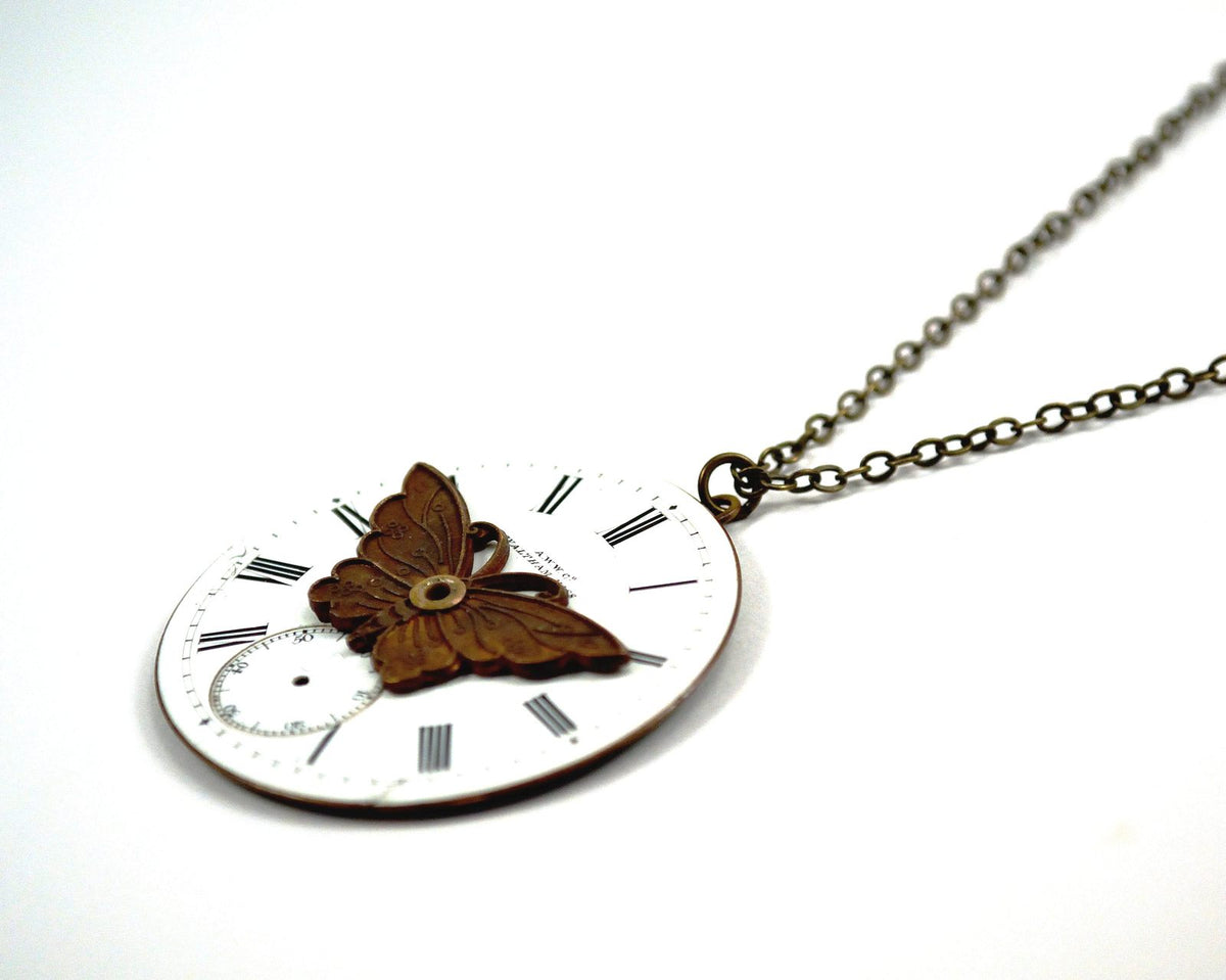 Steampunk Butterfly Necklace with Enamel Pocket Watch Dial
