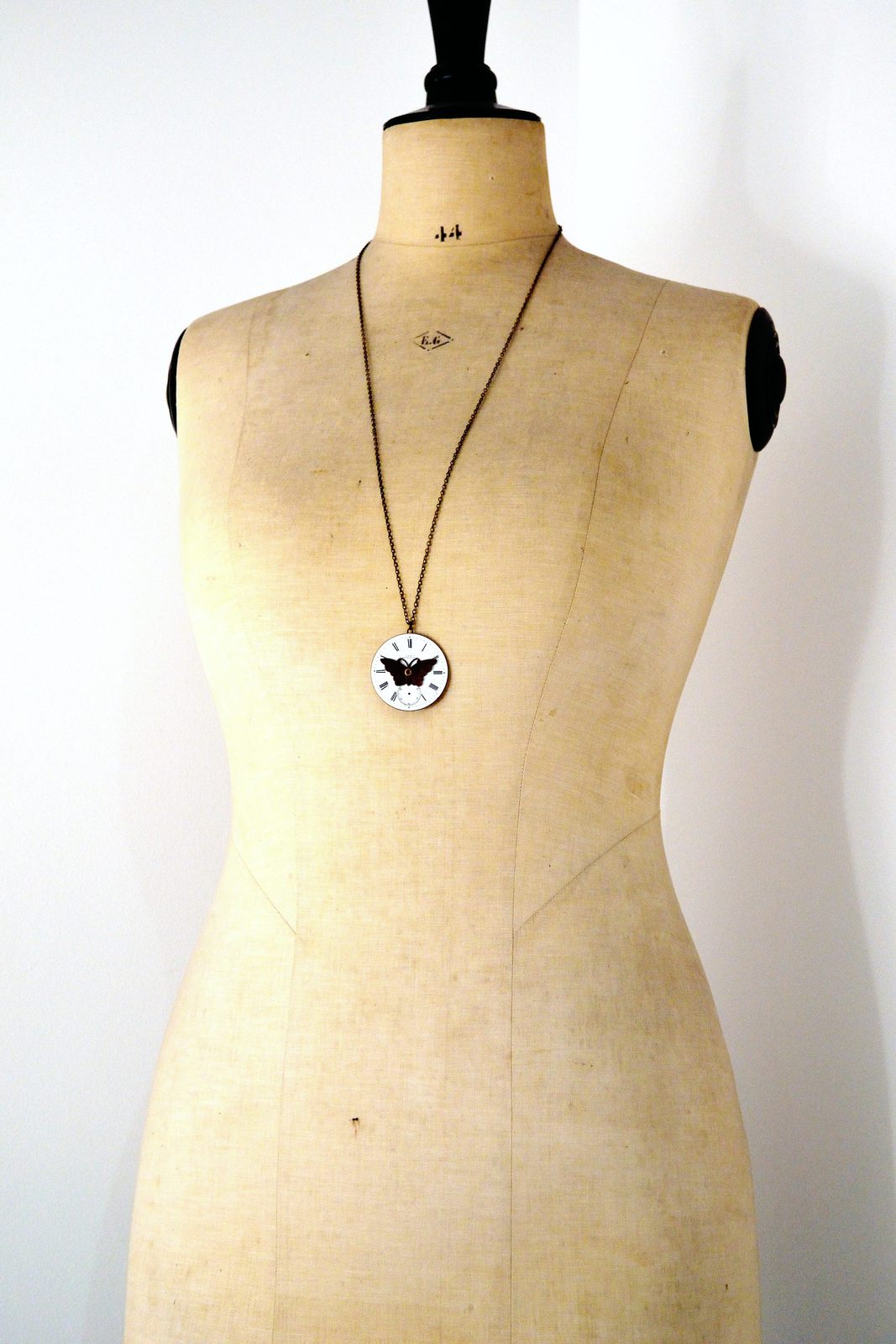 Steampunk Butterfly Necklace with Enamel Pocket Watch Dial