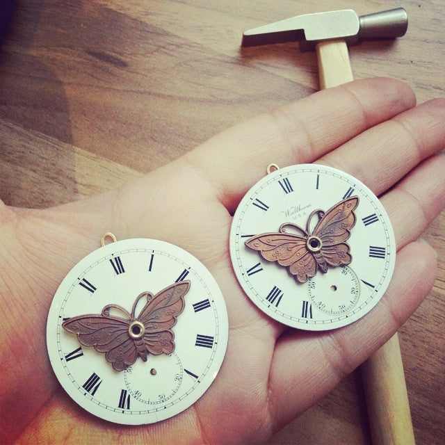 Steampunk Butterfly Necklace with Enamel Pocket Watch Dial