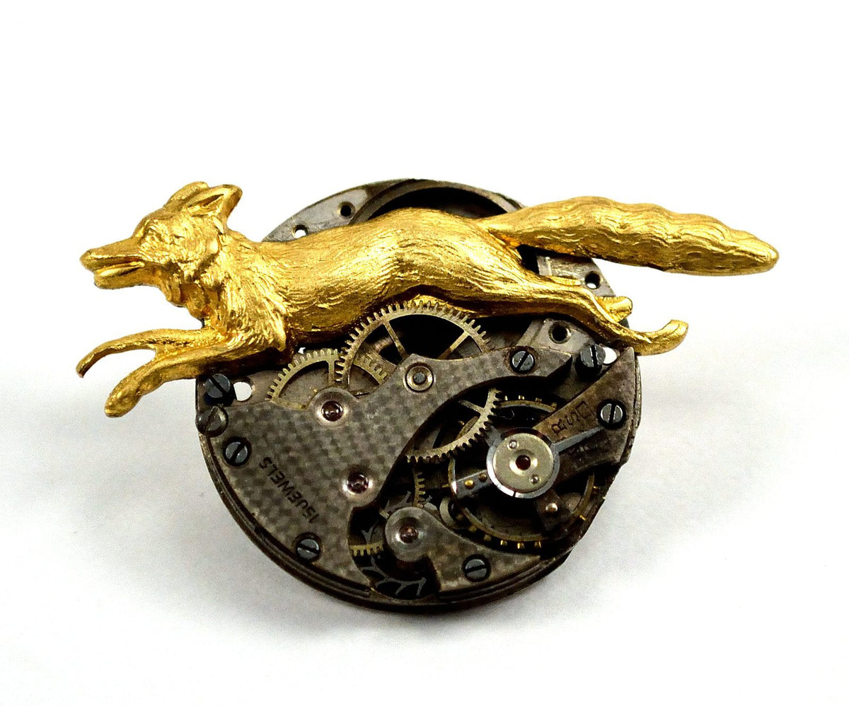 Steampunk Fox Brooch Pin, Watch Movement