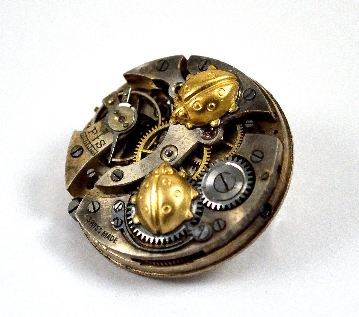 Steampunk Ladybug Brooch Pin, Watch Movement