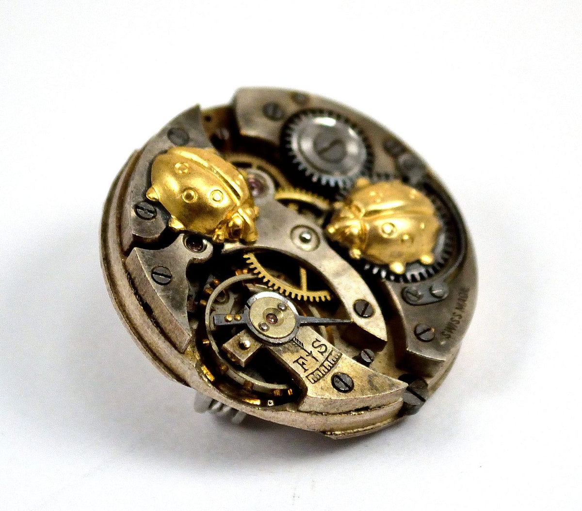 Steampunk Ladybug Brooch Pin, Watch Movement