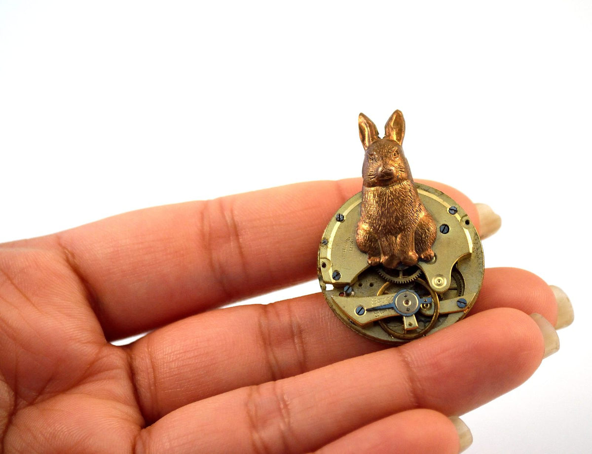 Steampunk Rabbit Brooch, Clockwork Pin, Alice in Wonderland