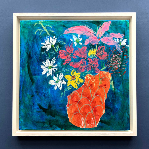 Abstract Floral on Cradled Wood Panel, Blue and Orange