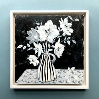 Black and White Floral Painting on Wood Panel, Monochrome