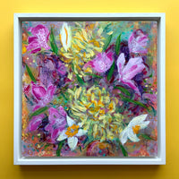 Expressive Floral Painting on Wood Panel, Magenta