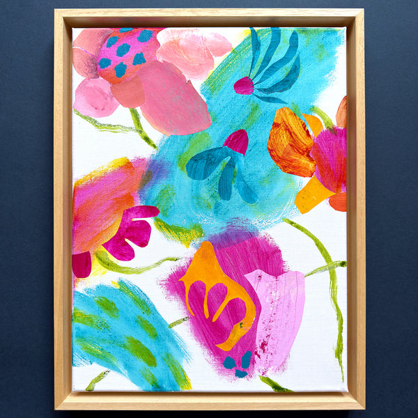 Whimsical Semi Abstract Floral Painting in Pink and Green