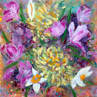 Expressive Floral Painting on Wood Panel, Magenta