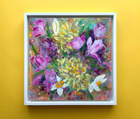 Expressive Floral Painting on Wood Panel, Magenta