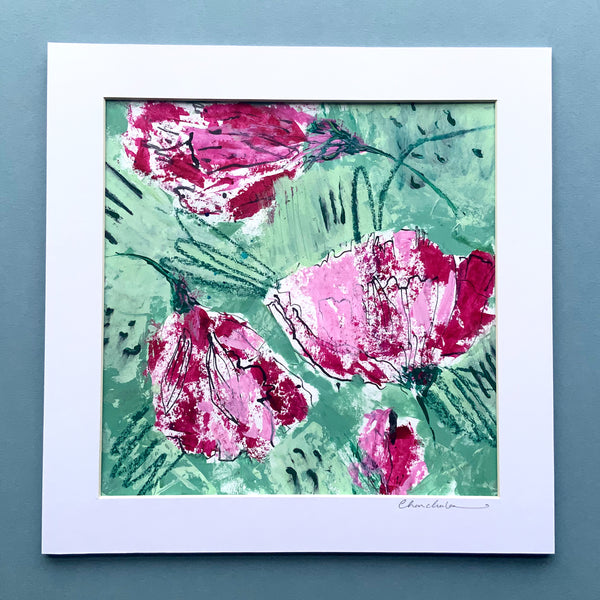 Semi Abstract Floral Painting, 10 inch square in mount