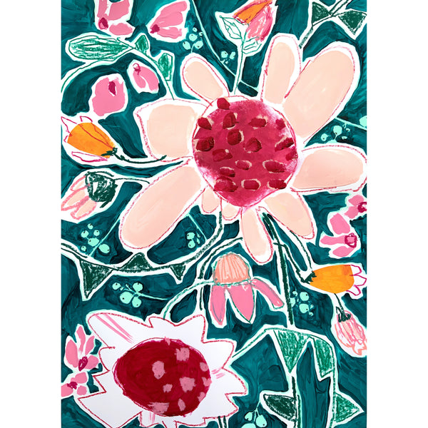 Playful Floral Painting, A3, Green