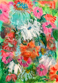 Loose Whimsical Semi Abstract Floral Painting on Paper, A2