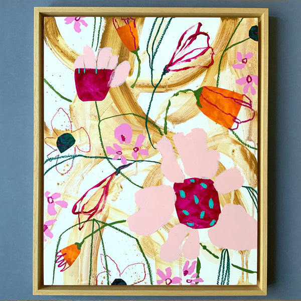 Playful Floral Painting on Cradled Wood Panel, Colourful Loose Mixed Media