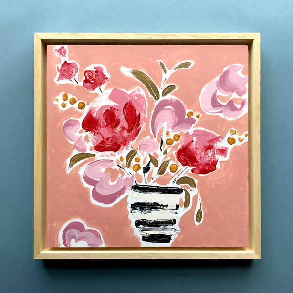 Dusky Pink Floral Painting on Wood Panel, Punch and Bloom II