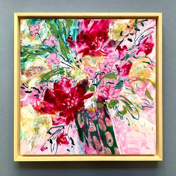 Semi Abstracted Floral Painting on Cradled Food Panel, Intuitive Square Floral