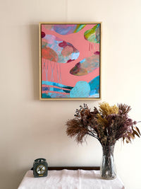 Sunset over Sea Abstract Painting in Dusky Pink, Sun Ray