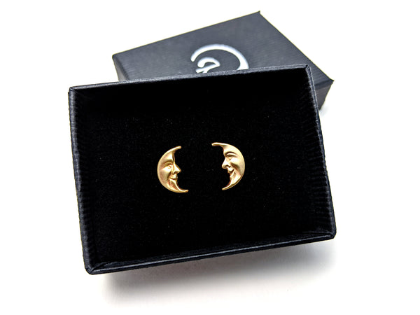 Moon Face Stud Earrings, Crescent Moon Ear Studs