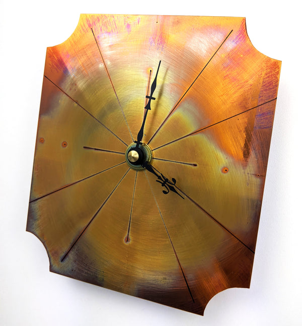 Small Wall Clock in Fiery Red Copper, Painted with a Flame