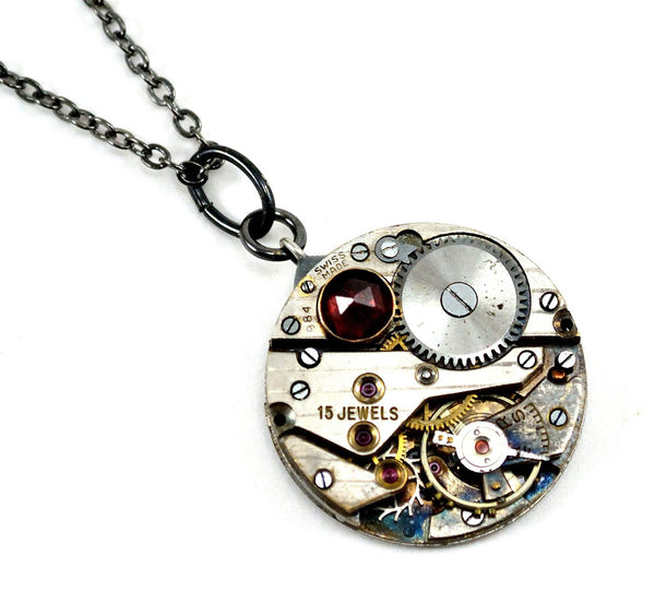 Garnet set Steampunk Watch Necklace, January Birth Stone