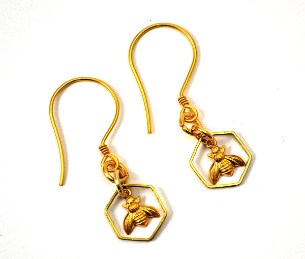 Honeycomb Bee Earrings, Gold Plated Silver Earwires